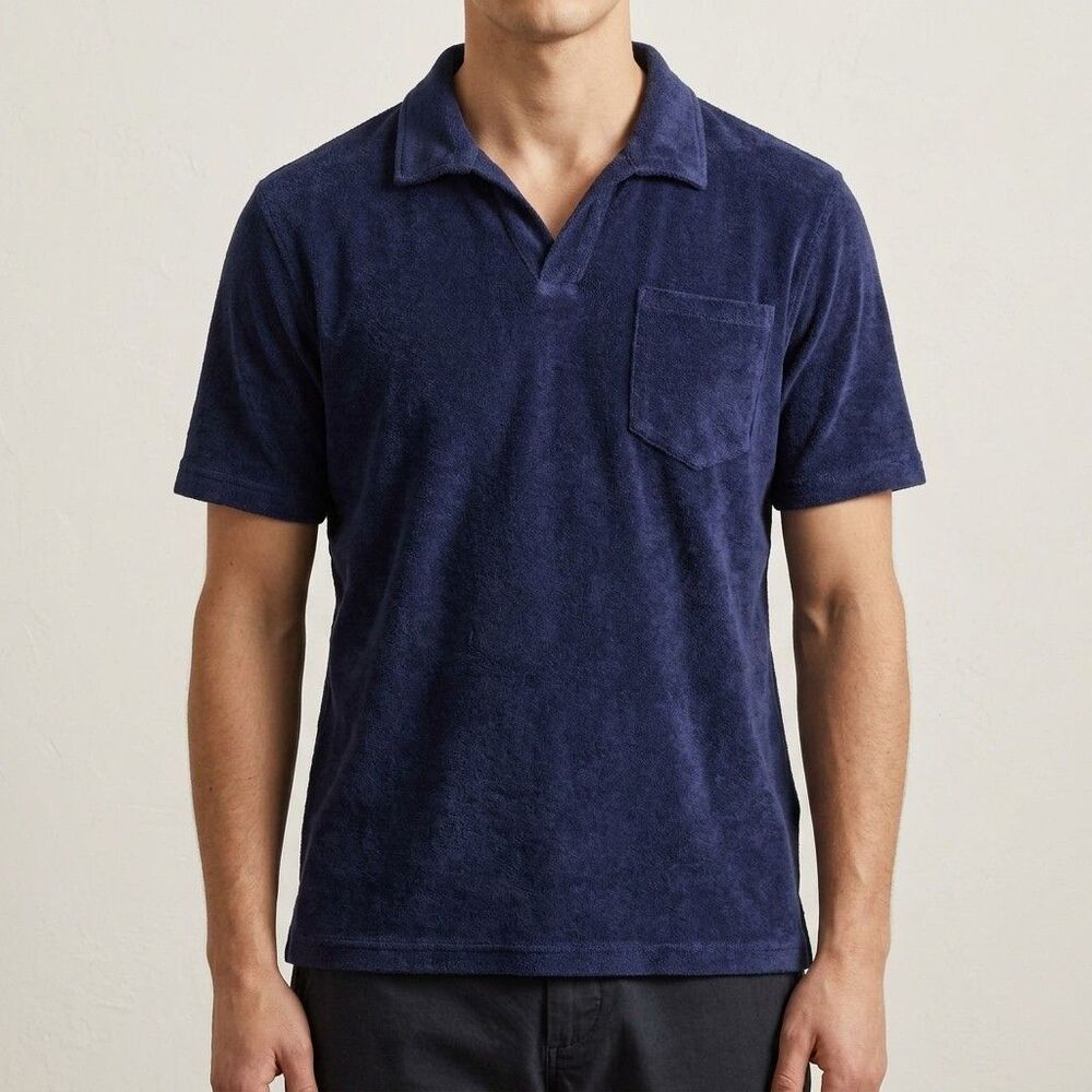 Criquet Terry Cloth Polo Shirt  Mens Medium Navy Blue Short Sleeve Pocket V-Neck